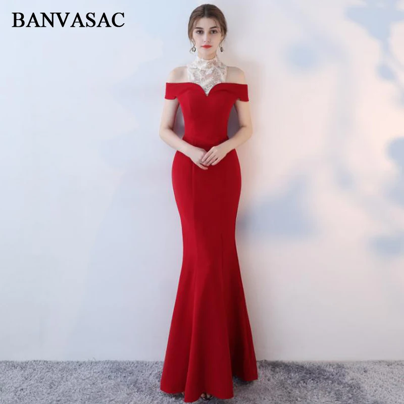 

BANVASAC 2018 Lace Embroidery High Neck Satin Mermaid Long Evening Dresses Vintage Short Sleeve Party Prom Gowns