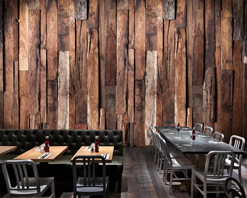 

Beibehang Custom wallpaper retro nostalgia wood grain restaurant restaurant mural home decoration background wall 3d wallpaper