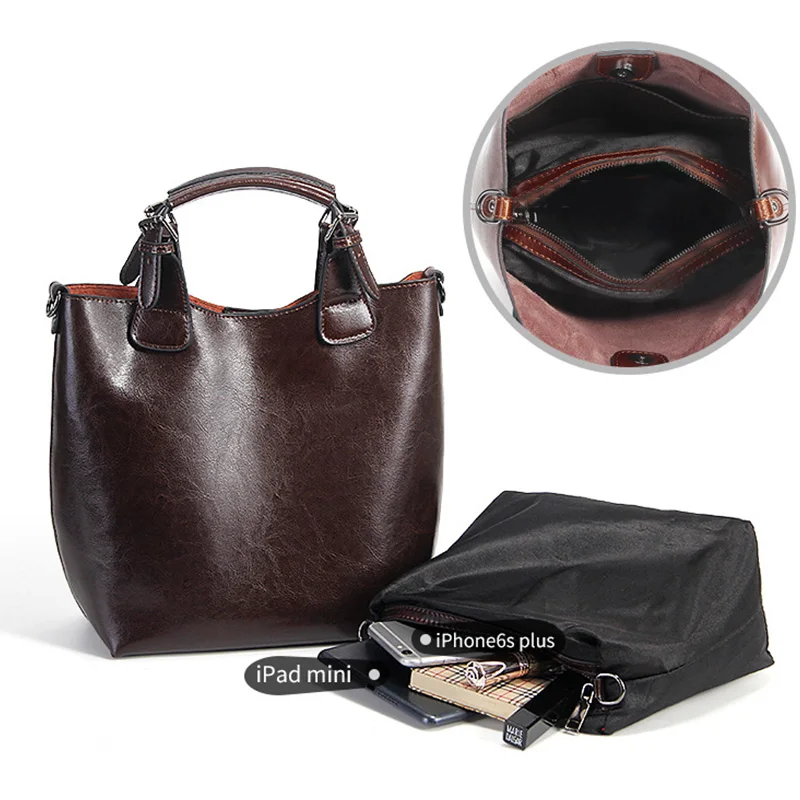 Zency 100% Genuine Leather Handbag Retro Coffee Women Casual Tote Bucket Bag Classic Black Lady Crossbody Messenger Purse Brown