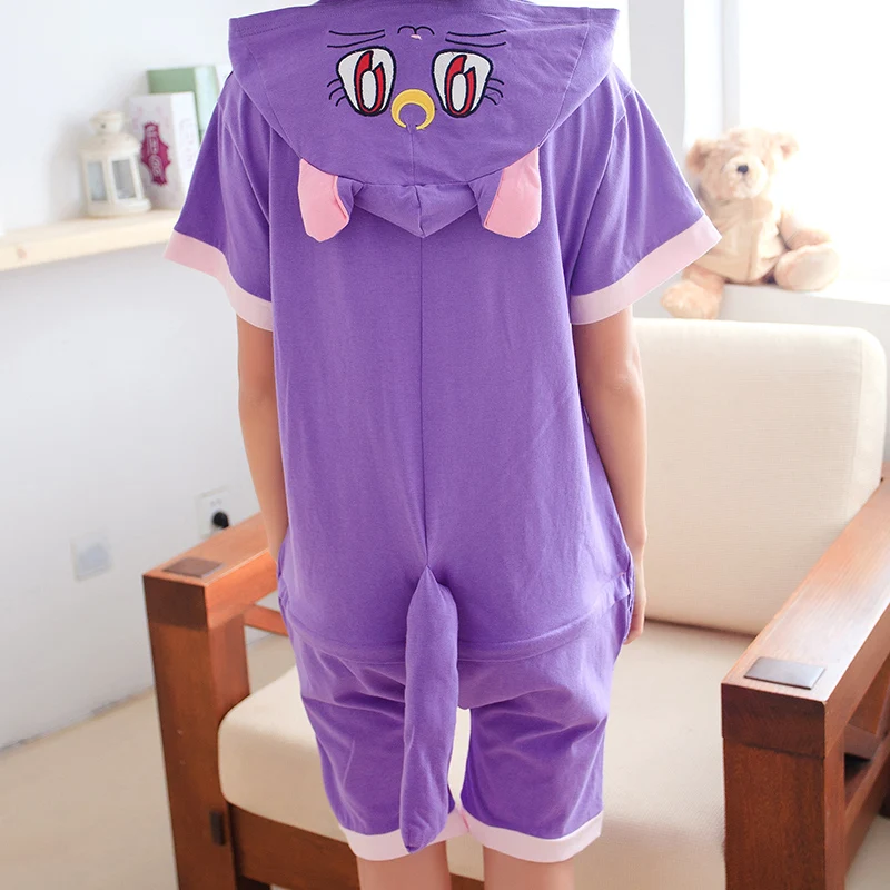 Kawaii Purple Cat Anime Onesie Hoodie Pajamas Adult Summer Animal Pijamas Unisex Cotton Short Sleeve Animal pajamas