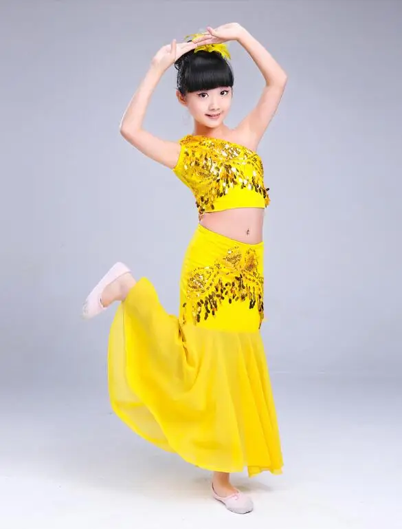 New Chinese Traditional Dress Girls Women Dai National Folk Fan Dance Costume Long Mermaid Peacock Dance Costume Dress