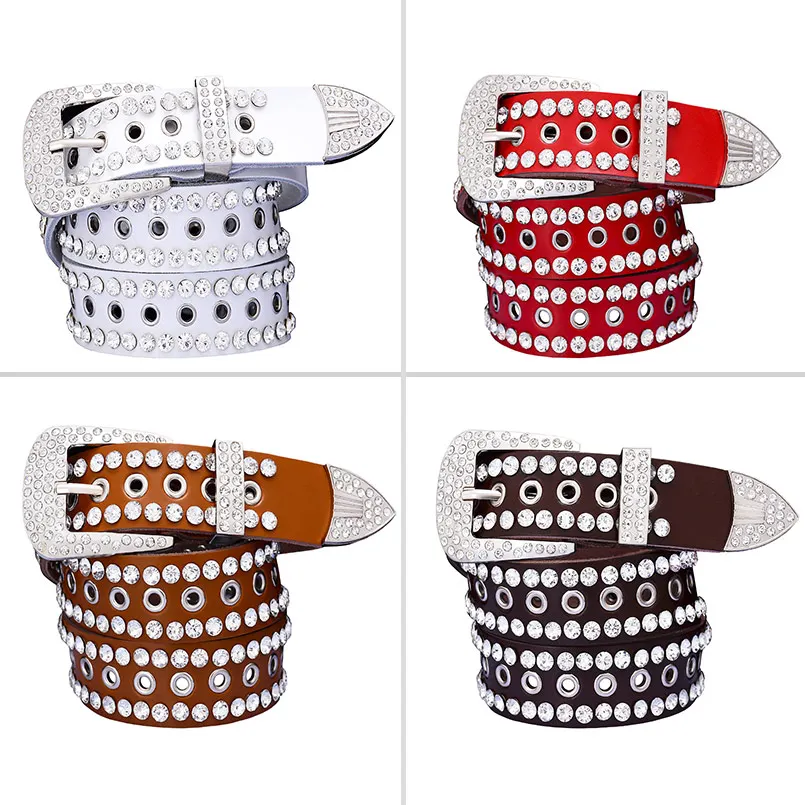 Fashion Rhinestone belts for women Metal hollow genuine leather men\'s belt Quality cow skin luxury unisex waist strap Width 3.3