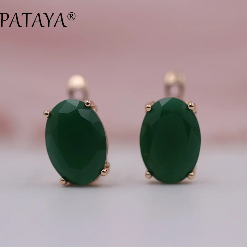 PATAYA Romantic Vintage Green Earrings 585 Rose Gold Color Oval Natural Cubic Zirconia Indian Jewelry Women Chandelier Earrings