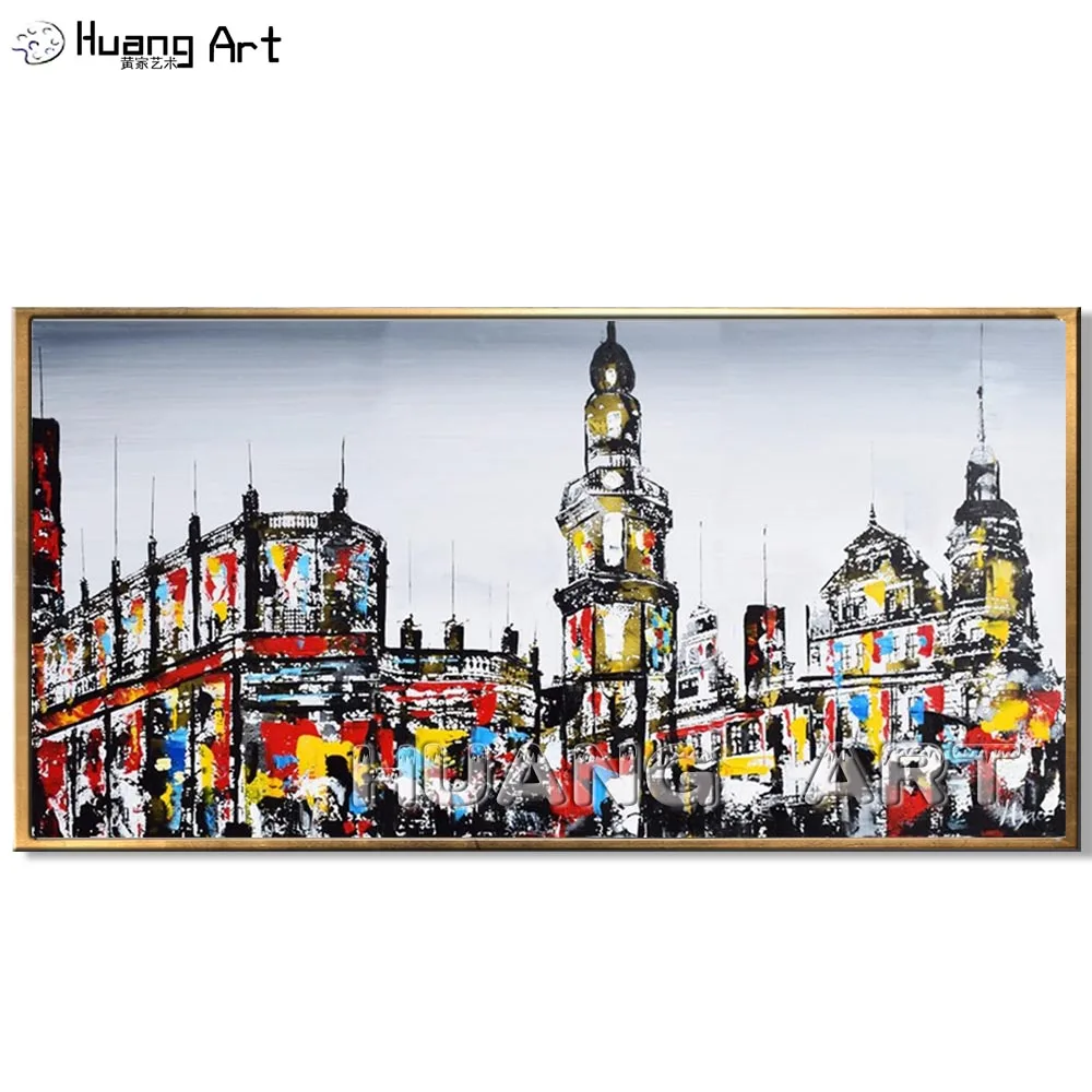 100% Hand-painted High Quality City Landscape Oil Painting on Canvas for Living Room Decor Buildings Street Scenery Painting