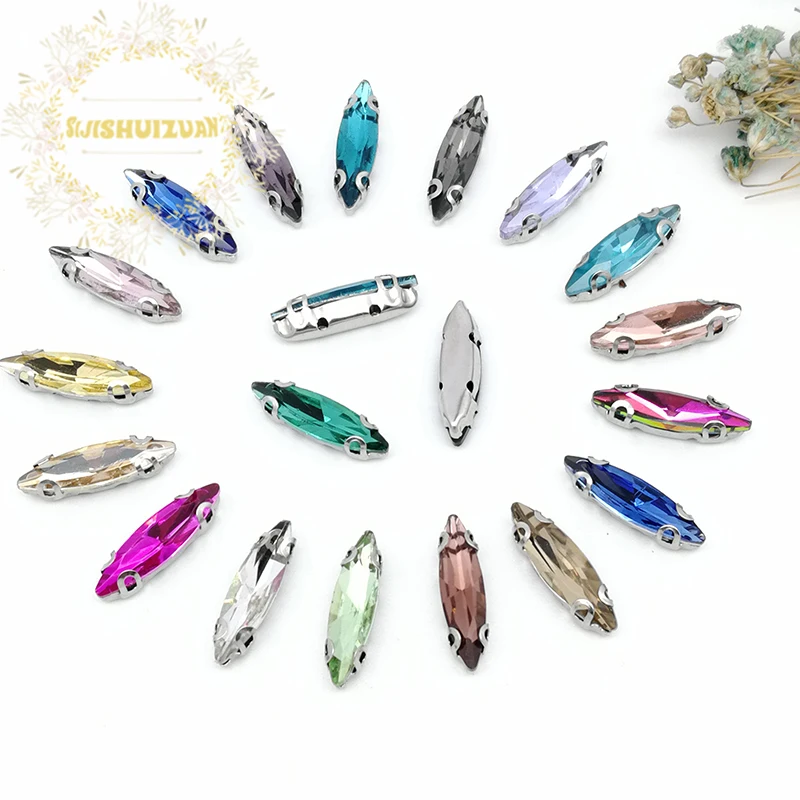 4*15mm Mix color horse eye shape Glass Crystal sew on rhinestones silvery claw for Diy shose accessories