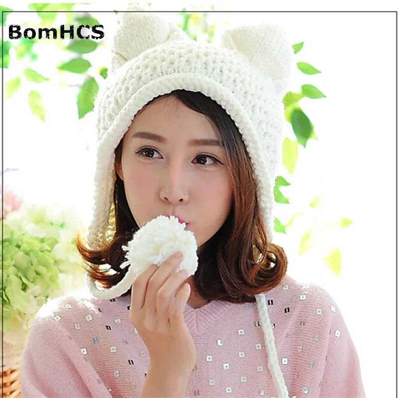 BomHCS Very Cute Fox Ears Cat Ear New Women Winter Hat 100% Handmade Knitted Beanie Ear Muff Hat Cap