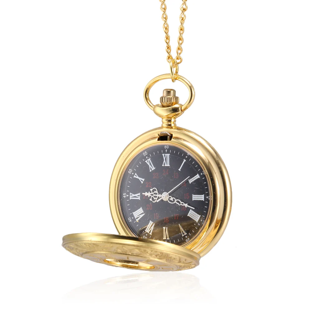 Men Women Quartz Pocket Watch Golden Rome Number Carved Case Big Dial with Chain LL@17