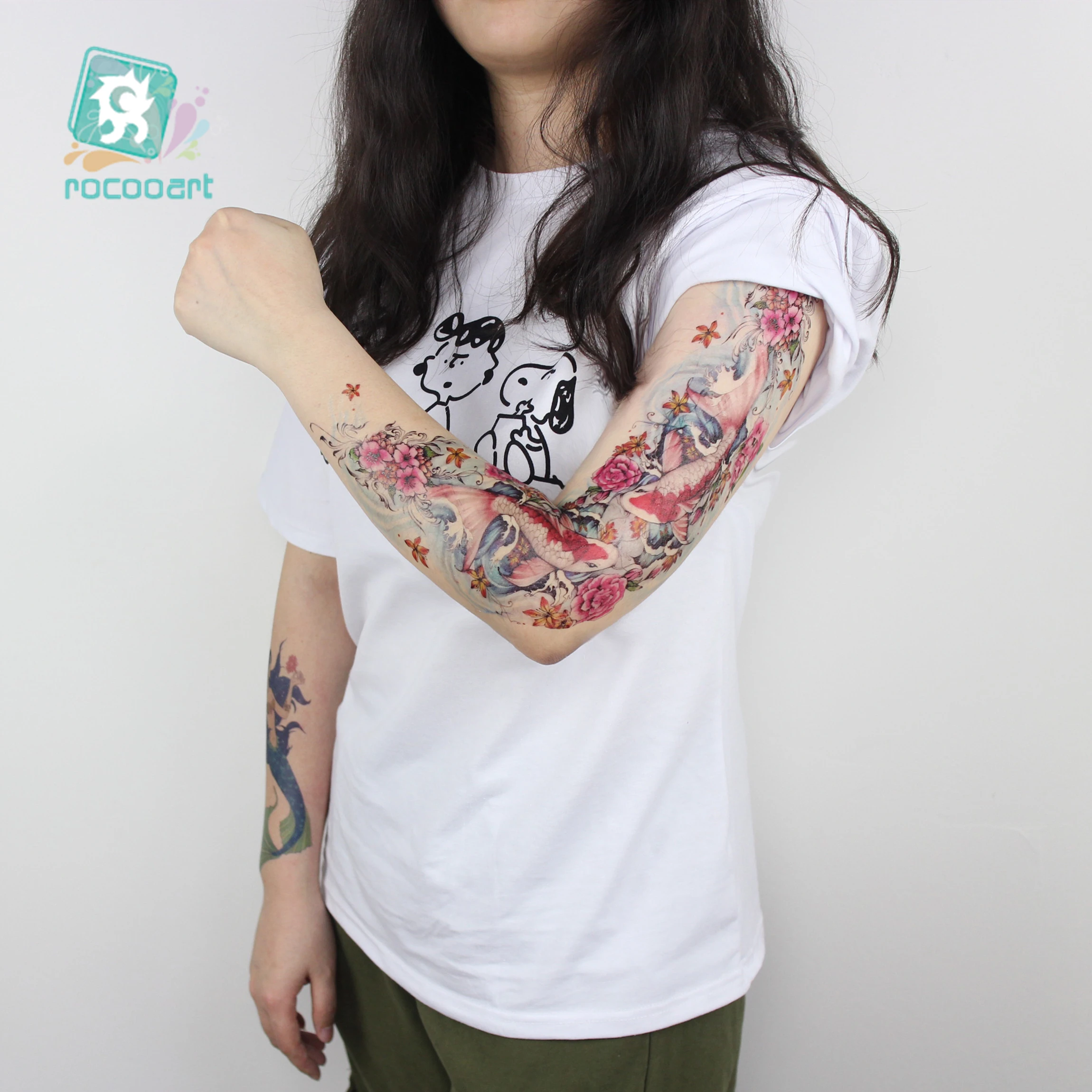 1pcs New 48*16cm Full Flower Arm Back Leg Tattoo Sticker Fish Peacock Temporary Body Paint Water Transfer Fake Tatoo sleeve