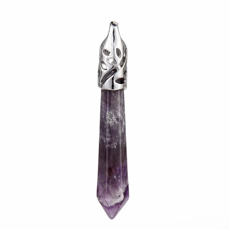 Popular Silver Plated Reiki Healing Pendulum Natural Stone Amethysts Purple Quartz Pendant for Women Necklaces Fashion Jewelry