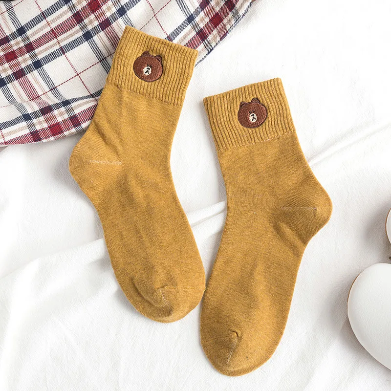 YSMILE Y 6Pairs /Lot Autumn Winter Embroidery Bear Women Socks Solid Cartoon Cotton Female Daily Casual All Match Socks For Lady