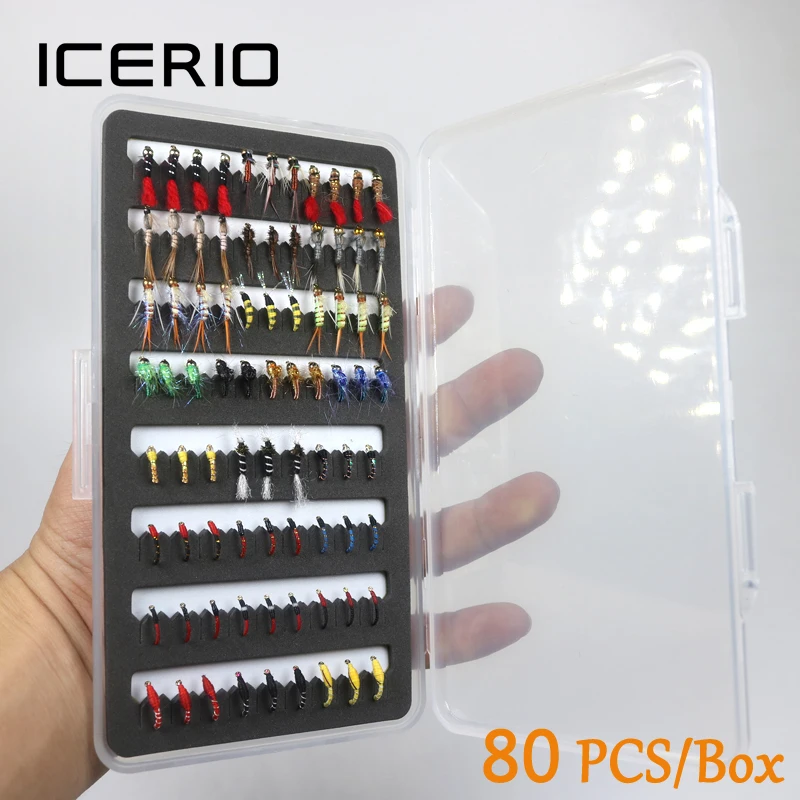 ICERIO 80PCS Midge Larvae Pupa Stonefly Nymphs Flies with Box for Trout Fishing Fly Lures Baits