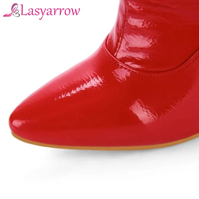 Lasyarrow Women\'s Thigh High Stiletto Boots Sexy Over the Knee Boots Sexy Women Boots Red Black Patent Leather Long Boots RM112