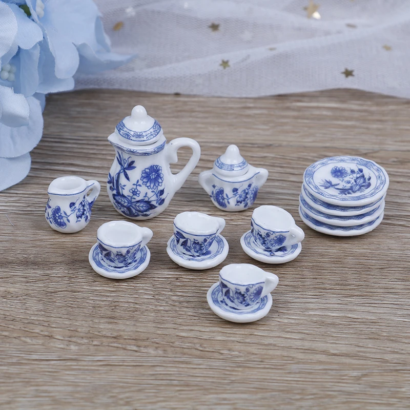 15Pcs/set Flower Patten Porcelain Coffee Tea Cups Ceramic Tableware Scale 1/12 Miniature Kitchen Accessories