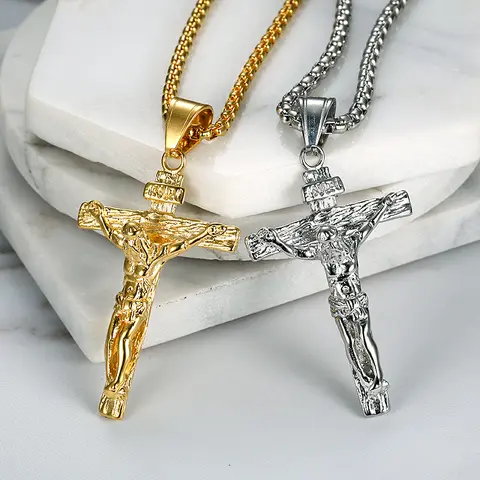Religious Christ Jesus Cross Pendant Gold Silver Color Stainless Steel Christian Crucifix Necklace for Men Women Jewelry Gift