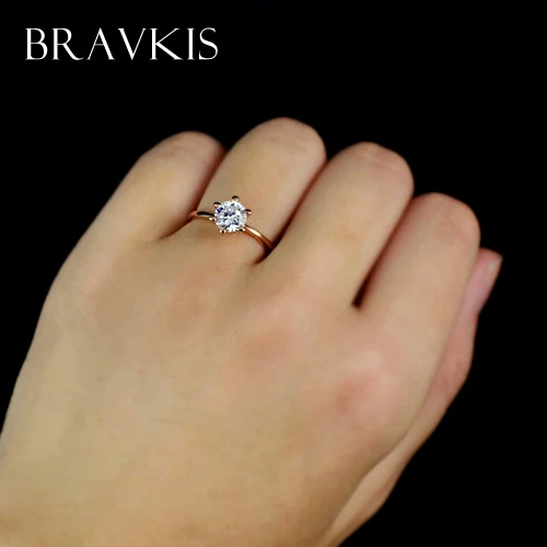 BRAVEKISS Vintage Rose Gold Color Promise Engagement Rings for Women Round CZ Stone Solitaire Ring Wedding Bands Jewel BJR0012A