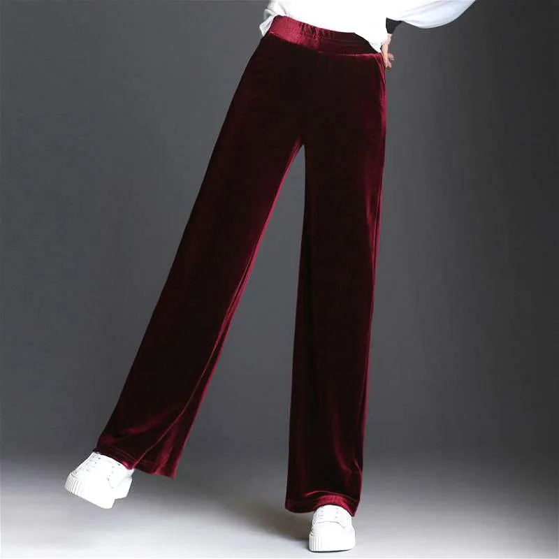 Fall Winter Fashion Women Wine Red Black Wide Leg Elastic High Waist Velvet Pants , Female Casual Womens Spring Velour Trousers