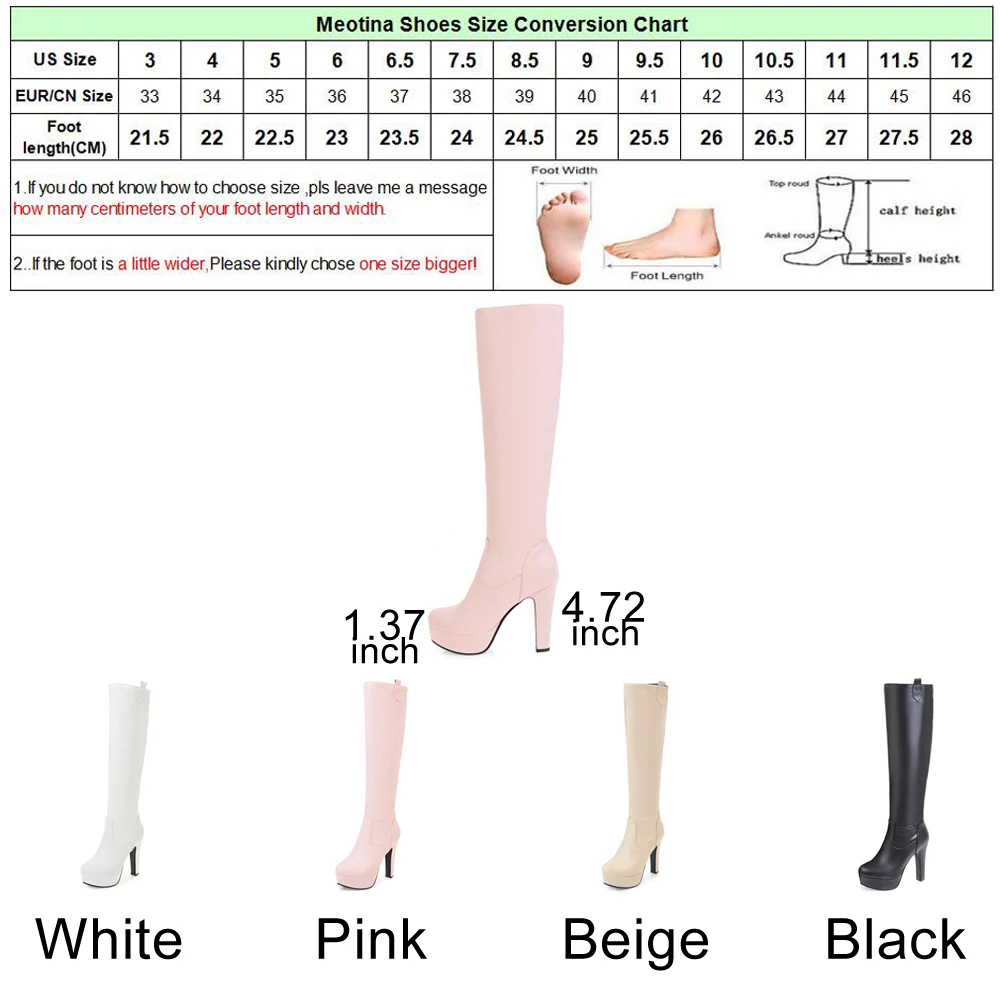 Meotina Boots Women Winter Knee High Boots Platform High Heel Long Boots Big Size 44 45 Round Toe Sexy Shoes bottes femme Black