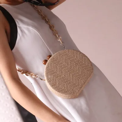 HOT Round Weave Handbag Banquet Clutch Woman Crossbody Bags For Women Circular Strip Shoulder Bags Resin Strap Wood Handle New