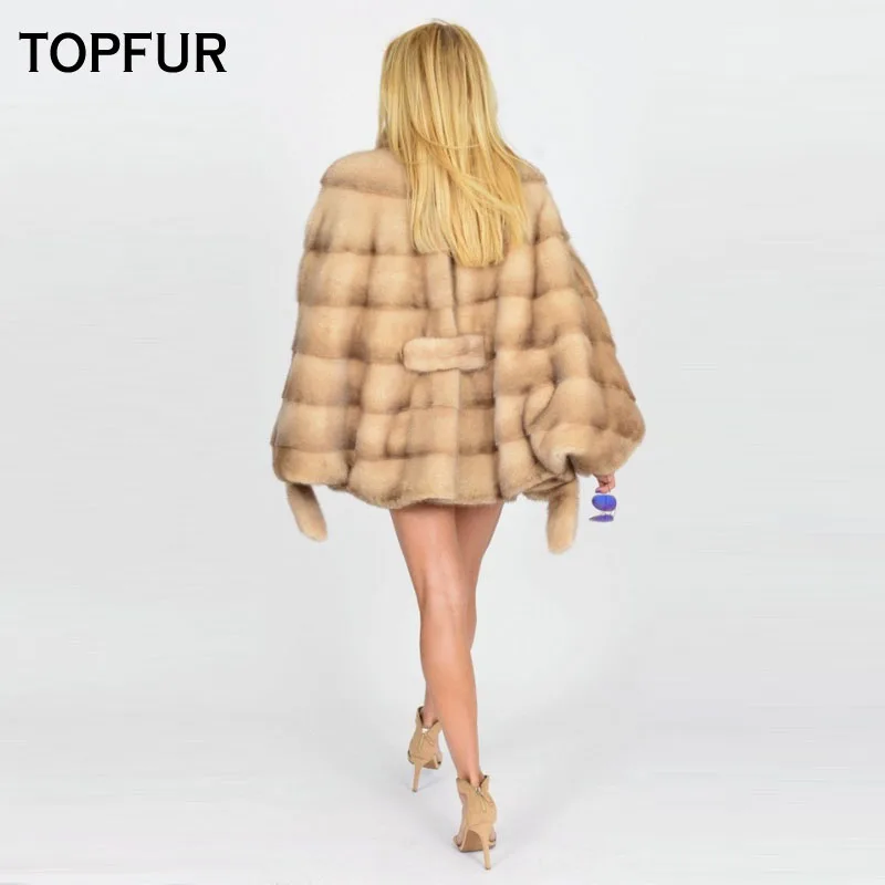 TOPFUR-abrigo de piel de visón para mujer, abrigo grueso y cálido de 70 Cm de largo con cinturón, chaquetas de piel para Otoño e Invierno