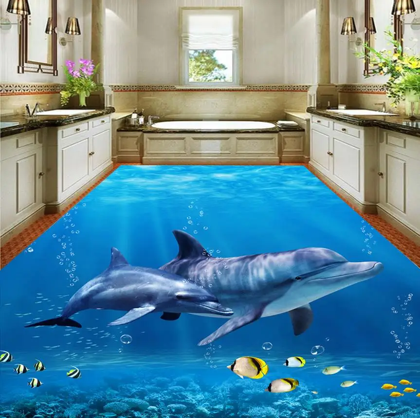 3D Underwater World Dolphin bathroom floor pvc self-adhesive wallpaper bathroom floor wallpaper Home Decoration