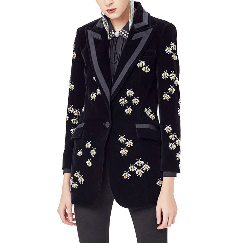 

2022 Top Fashion Women's High Street Luxury Black Velvet Blazers Notched Animal Bee Beading Fit Blazer Coat