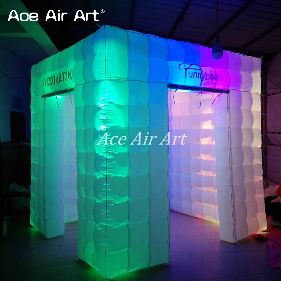 2018 Portable LED Inflatable Cube Enclosure Funny Photo Booth with Two Doors with 2 Foldable Door Curtains for Chile