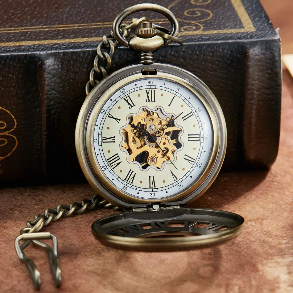 Reloj de bolsillo mecánico de esqueleto Steampunk para hombres y mujeres, marca de lujo antigua, collar de bolsillo y Fob, relojes de cadena para hombres y mujeres