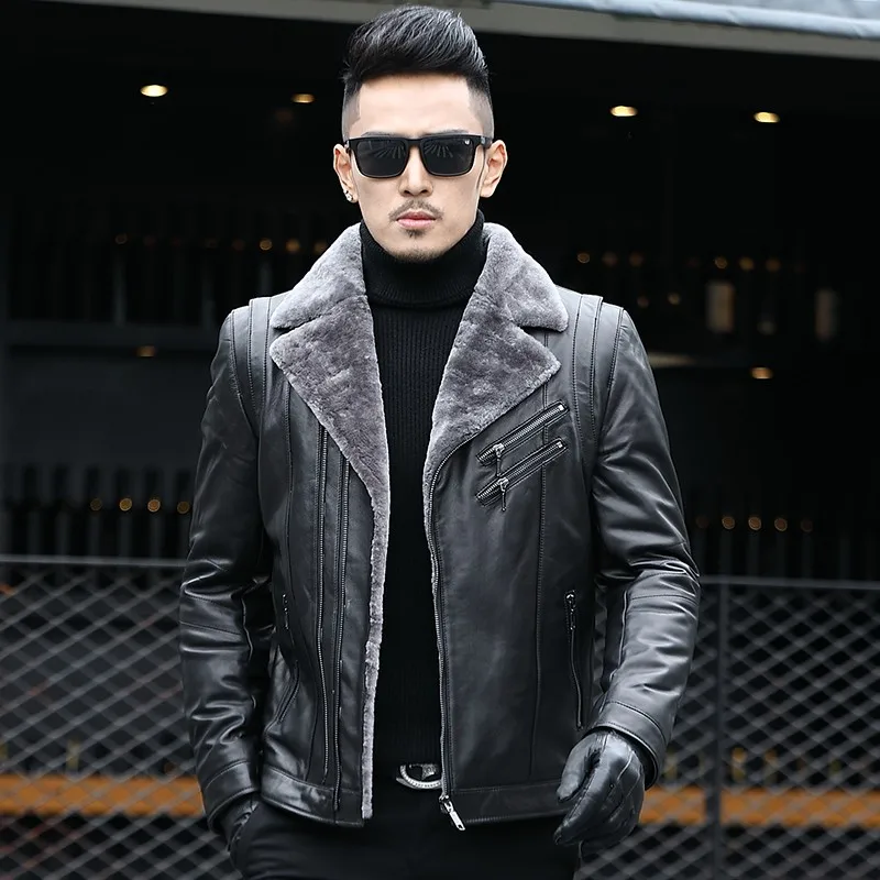 Winter Business Men Genuine Leather Jacket Thick Wool Lining Short Coat Office Work Luxury Sheepskin Shearling Jackets Plus Size