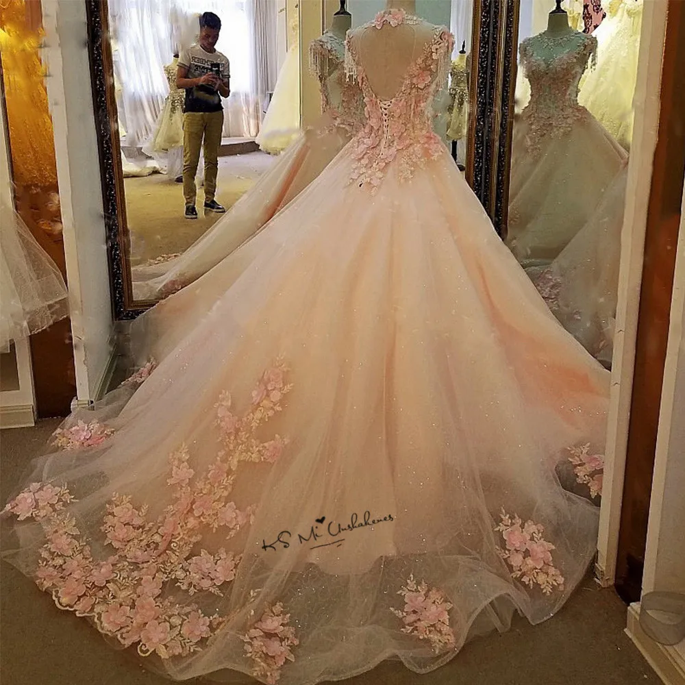 Diamond Tulle Vintage Wedding Dress 2018 Vestidos de Noivas Pearls Flowers Pink Bride Dresses Custom Made Princesa Wedding Gowns