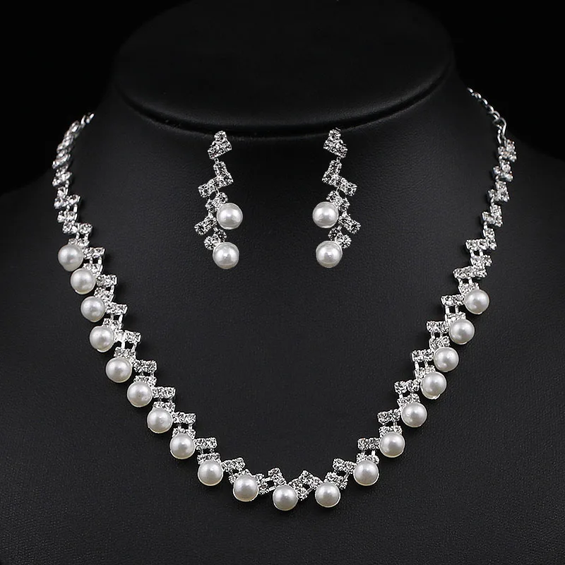 BLIJERY Waving Shape Bridal Jewelry Sets Silver Color Simulated Pearl Crystal Necklace Earrings Sets Women Wedding Jewelry Sets