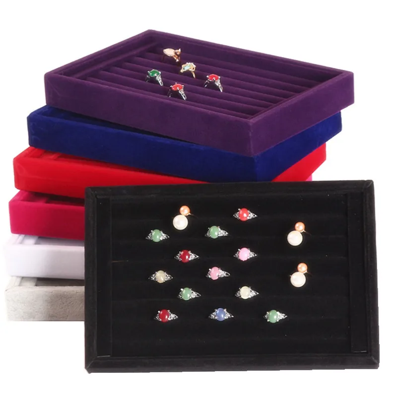 Expositor de joyas de lujo, caja de terciopelo con ranuras para pendientes, anillos, bandeja, organizador, envío gratis, 5 colores, superventas