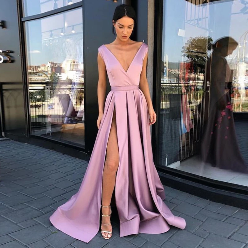 Simple V-neck Long Evening Dresses Blush Pink Satin Floor Length Backless robe de soiree Front Split Special Occasion Gowns