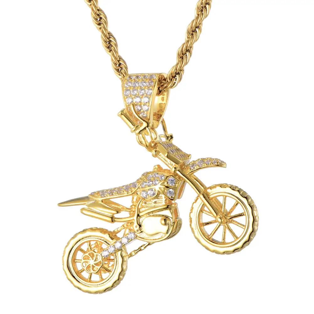 HIP Hop Full AAA Iced Out Bling CZ Cubic Zircon Copper Cool Motorcycle Pendants & Necklaces For Men Jewelry Wholesale