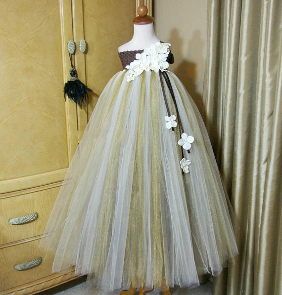 POSH DREAM Brown Ivory Gold Tutu Dress for Wedding Party Flower Girl Birthday Wedding Ivory Gold Flower Kids Girl Dress Clothes