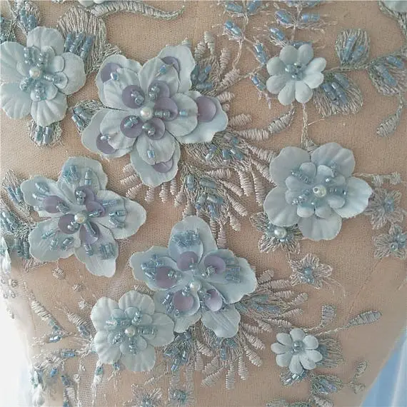 Light Blue Heavy Bead Lace Applique 3D Lace Applique With Pearls Deluxe 3d Flower Applique Heavy Embroidered Flower Applique