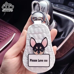 Cartoon Chihuahua pattern key chain holder for women men Genuine Leather Stainless Steel pet dog car keychain pack key ring bag