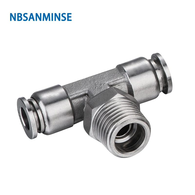 NBSANMINSE 5Pcs/lot SSPT M5 1/8 1/4 3/8 1/2 SS316L Stainless Steel Push In Pneumatic Food Grade Fitting Male Branch Tee Fitting