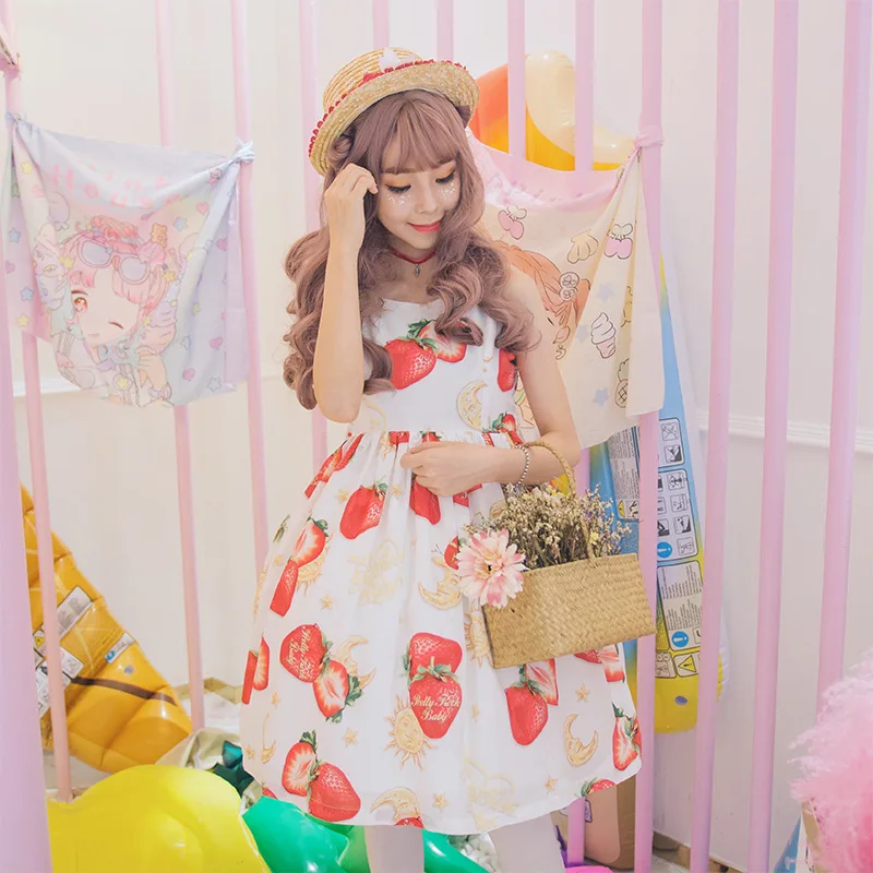 Kawaii Japanese Strawberry Jsk Lolita Dress Princess Dress Sweet Lady High Waist Bow Sling Dress