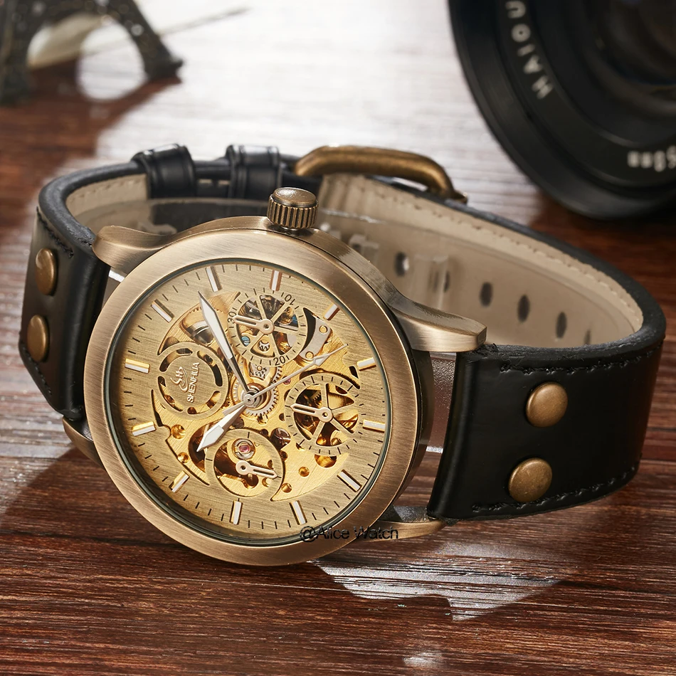 SHENHUA Mechanical Watch Men Skeleton Automatic Self-Wind Watches Antique Bronze Retro Leather Wristwatch Male Relogio Masculino