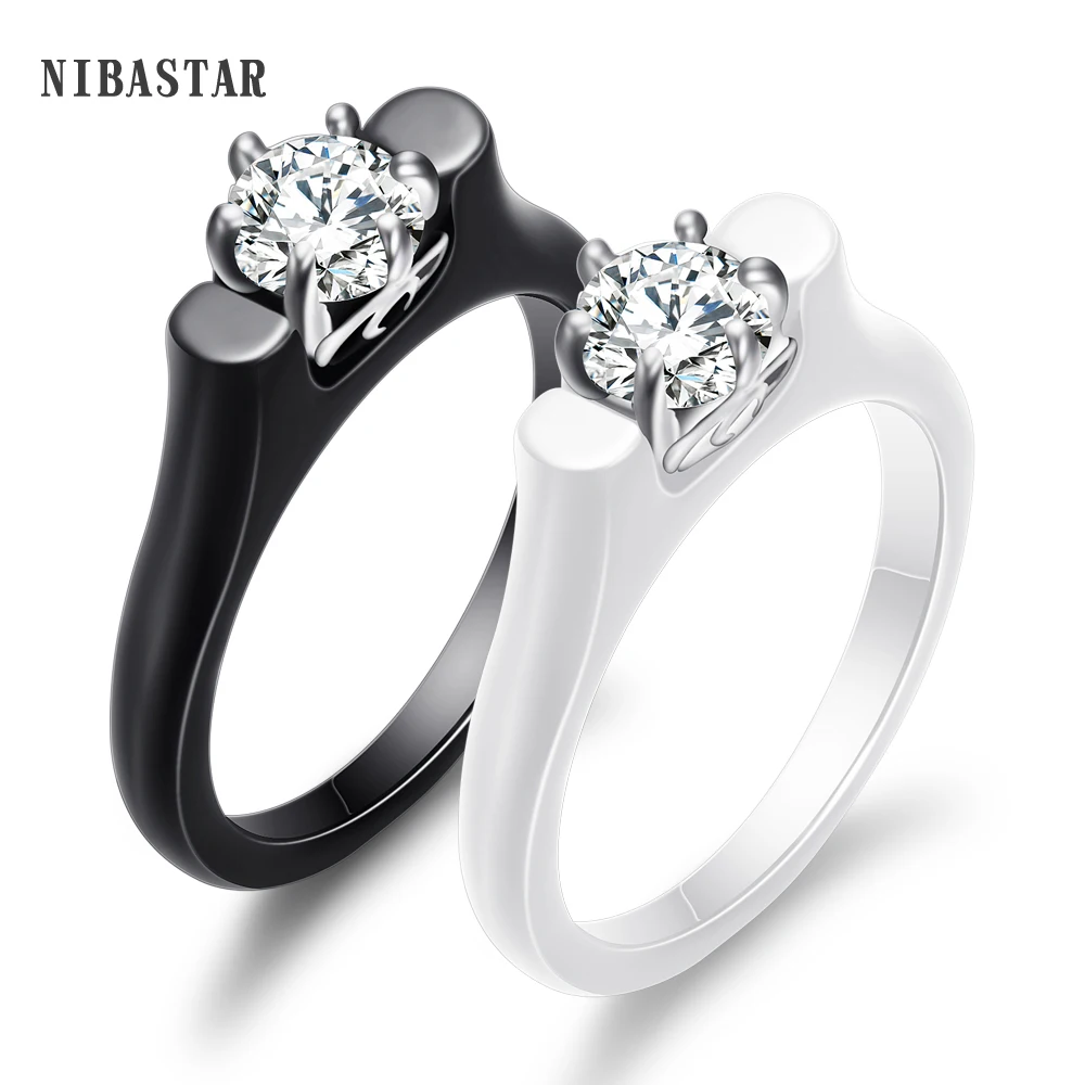 Black White Color Wedding Rings For Women Smooth Ceramic Bijoux Ring Clear AAA Cubic Zircon Engagement Rings