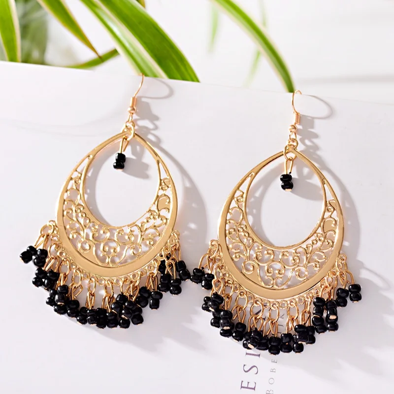 2019 New Fashion Imitation Gemstone Indian Earring Jewelry Vintage Hollow Beads Tassel Dangle Earrings Bijoux E049