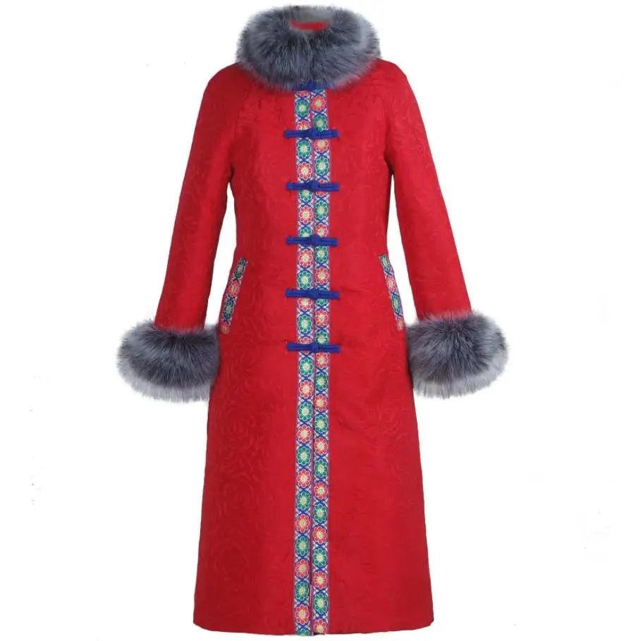 

3X! winter national style embroidered cotton-padded jacket women slim waist long fur collar thickening warm coat