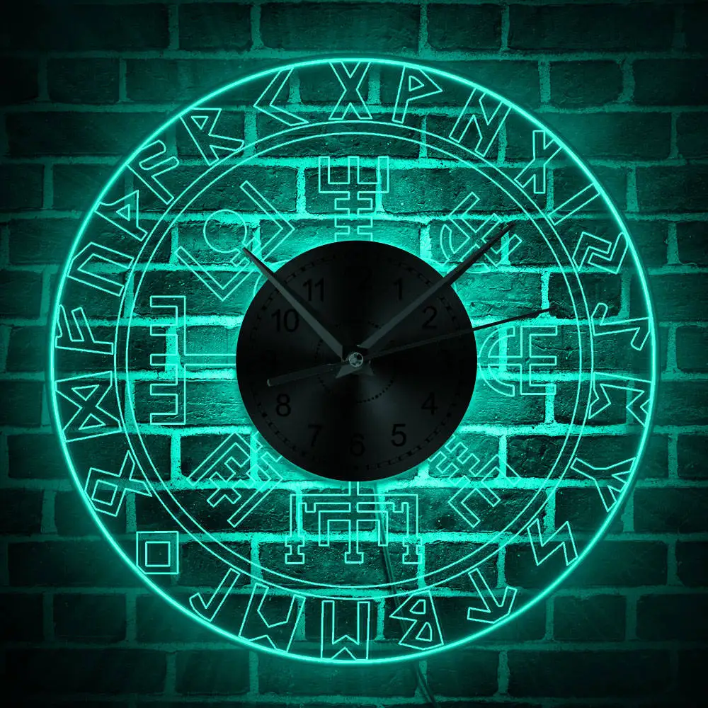 Vegvisir Viking Compass Vintage Design Illuminated Wall Clock Runic Compass Color Changing Wall Light Viking Protection Symbol