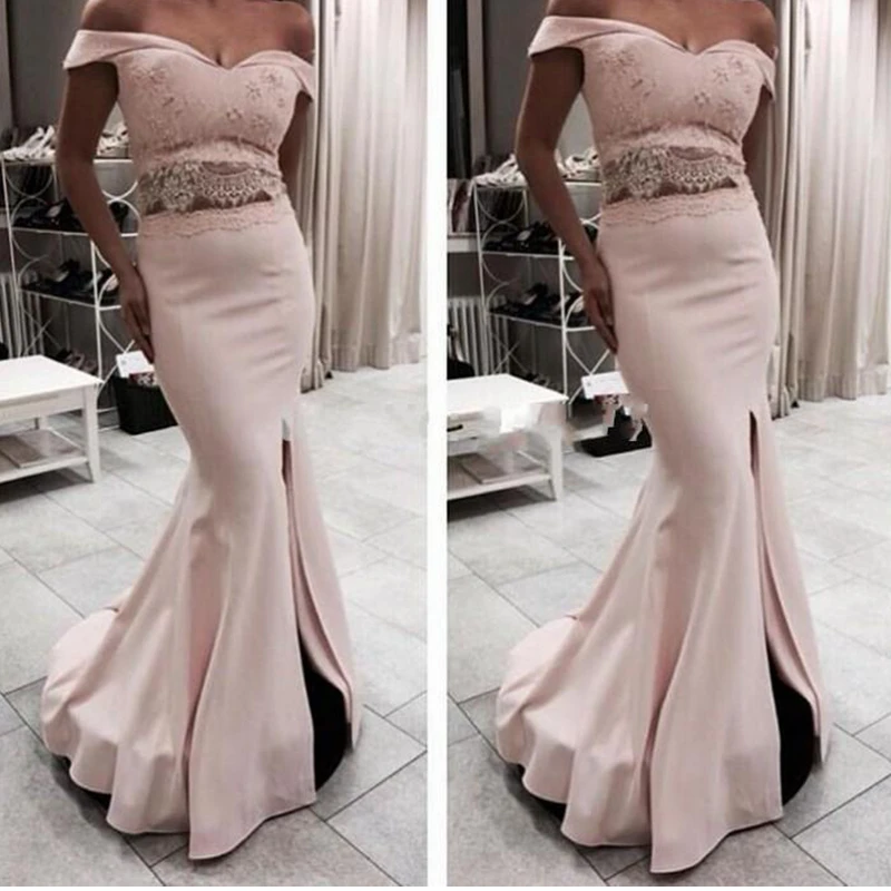 Vestido largo femenino De encaje con hombros descubiertos para Fiesta, traje De Fiesta Formal con dos piezas De sirena, color rosa, 2021