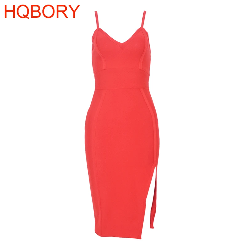 Spaghettibandjes split rood elastisch gebreid 2019 nieuwe sexy dames knielengte bandagejurk