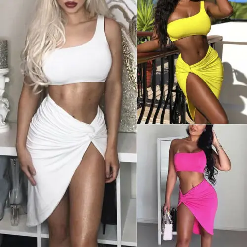 Summer Women Sexy 2 Piece Clothes Set Crop Tops and Split Skirt Set Lace Up Mini Dress Beach Vacation Resort Wear