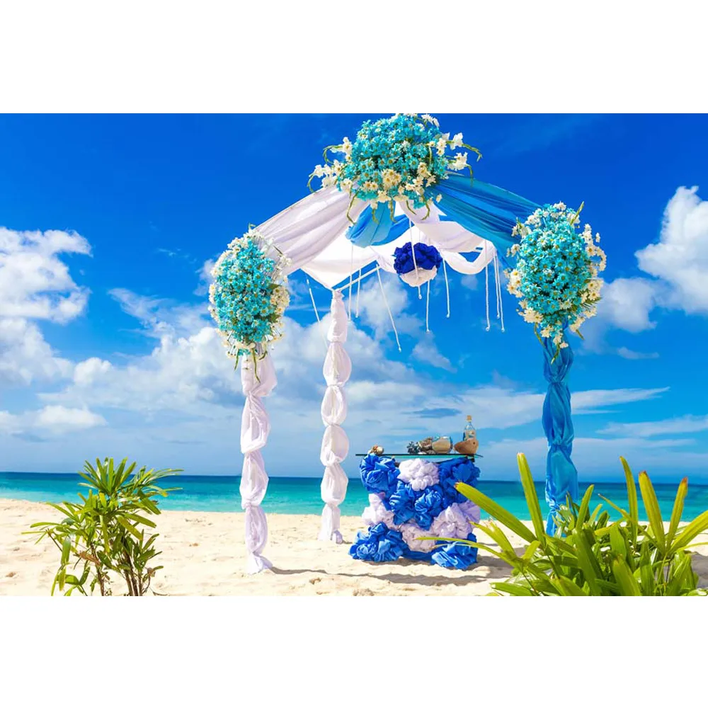 Blue and White Theme Beach Wedding Party Photo Booth Background Printed Arch Pavilion Flowers Summer Scenic Photography Backdrop