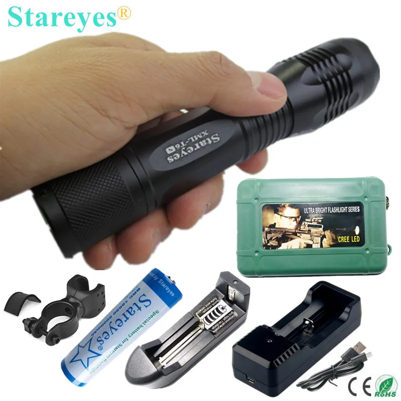 The latest version Super Bright XML-T6S 4000LM LED Torch Zoomable LED Flashlight 18650 battery Charger bike holder box