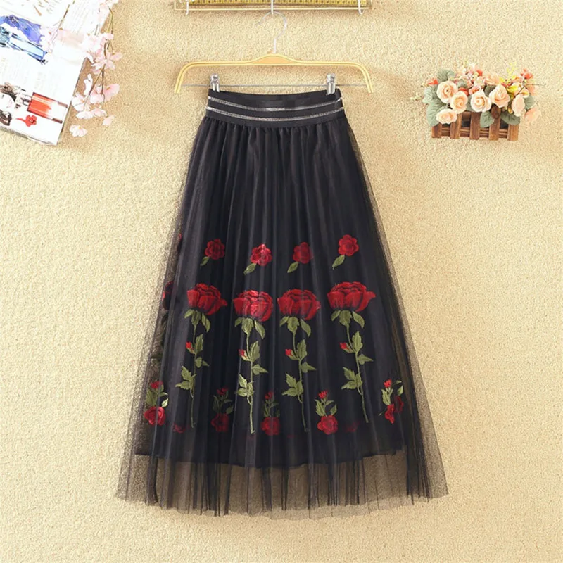 Sanishroly 2023 New Summer Women Rose Floral Embroidery Mesh Skirt Ladies Elastic High Waist Mid-Long A-Line Pleated Skirts S093