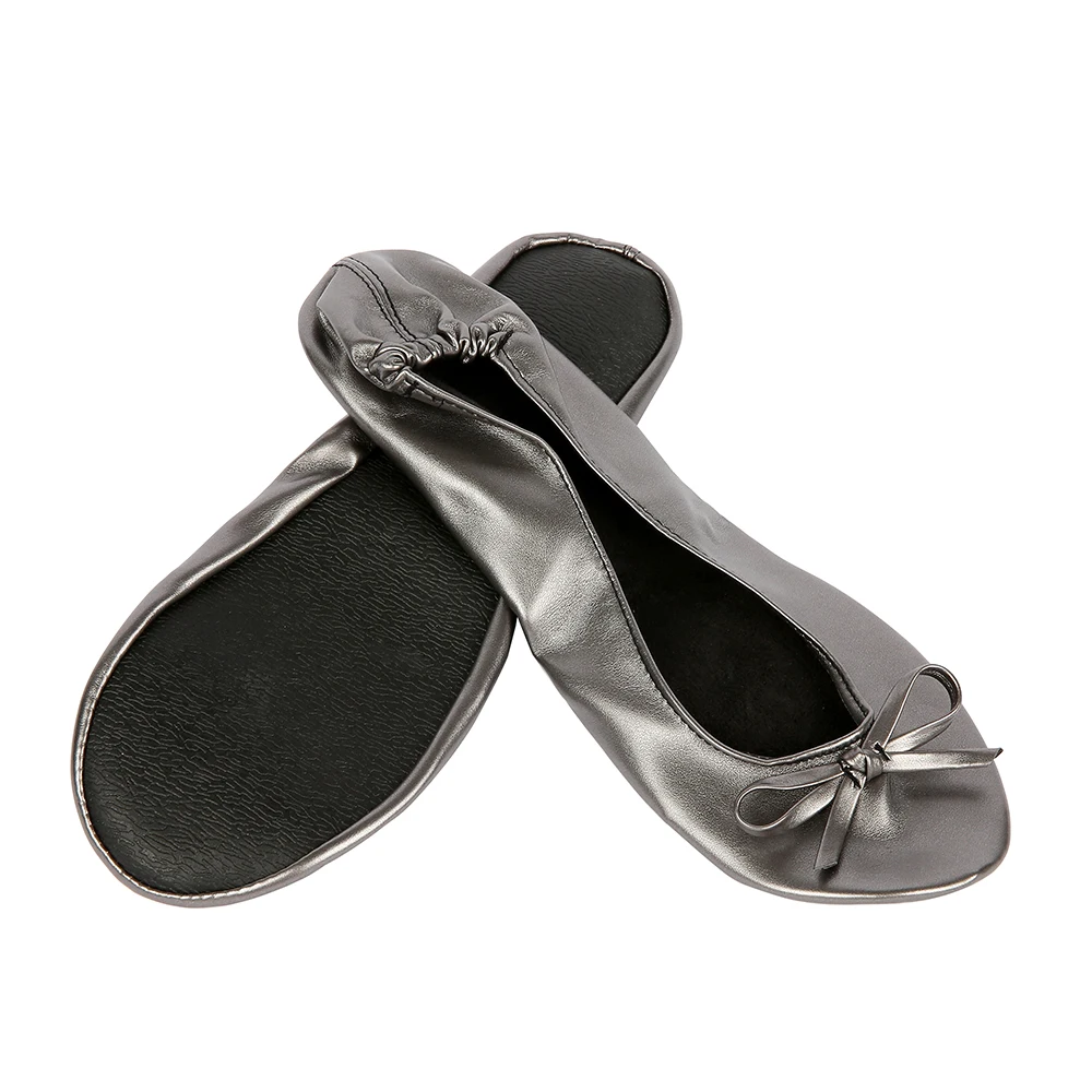 Pewter Shoe Flats Portable Fold Up Ballerina Flat Shoes Roll Up Foldable Ballet After Party Shoe For Bridal Wedding Party Favor